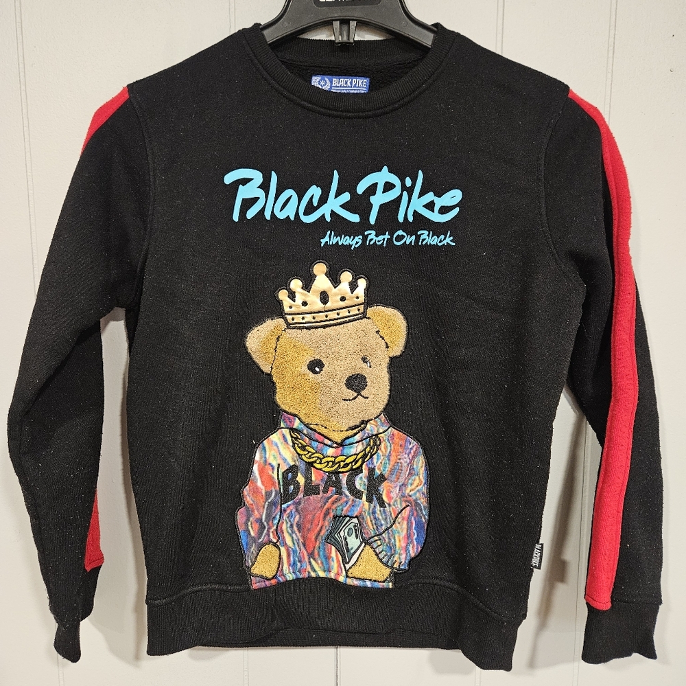 Black Pike Kid’s Always Bet On Black Hip Hop Teddy Bear Sweatshirt Size 14/16